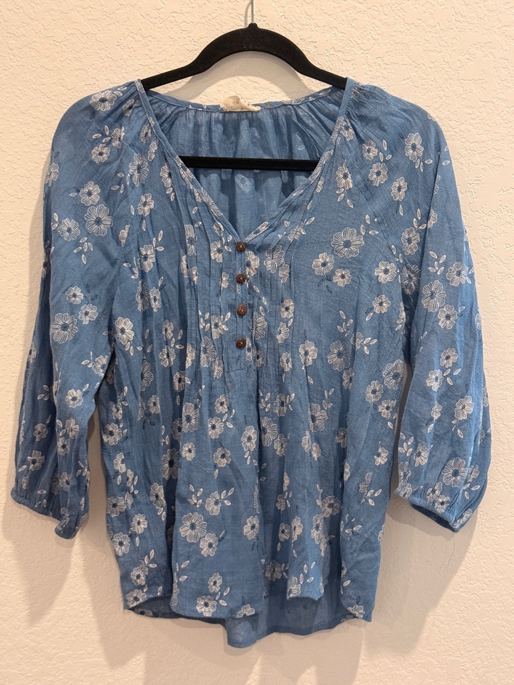 Embroidered Blue Floral Henley Blouse